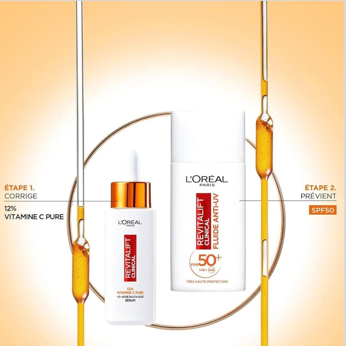 L'Oréal Paris Fluide Anti-Uv Fps 50+ Vitamine C + Vitamine E + Acide Hyaluronique Taches Rides & Teint Irrégulier Fini Invisible