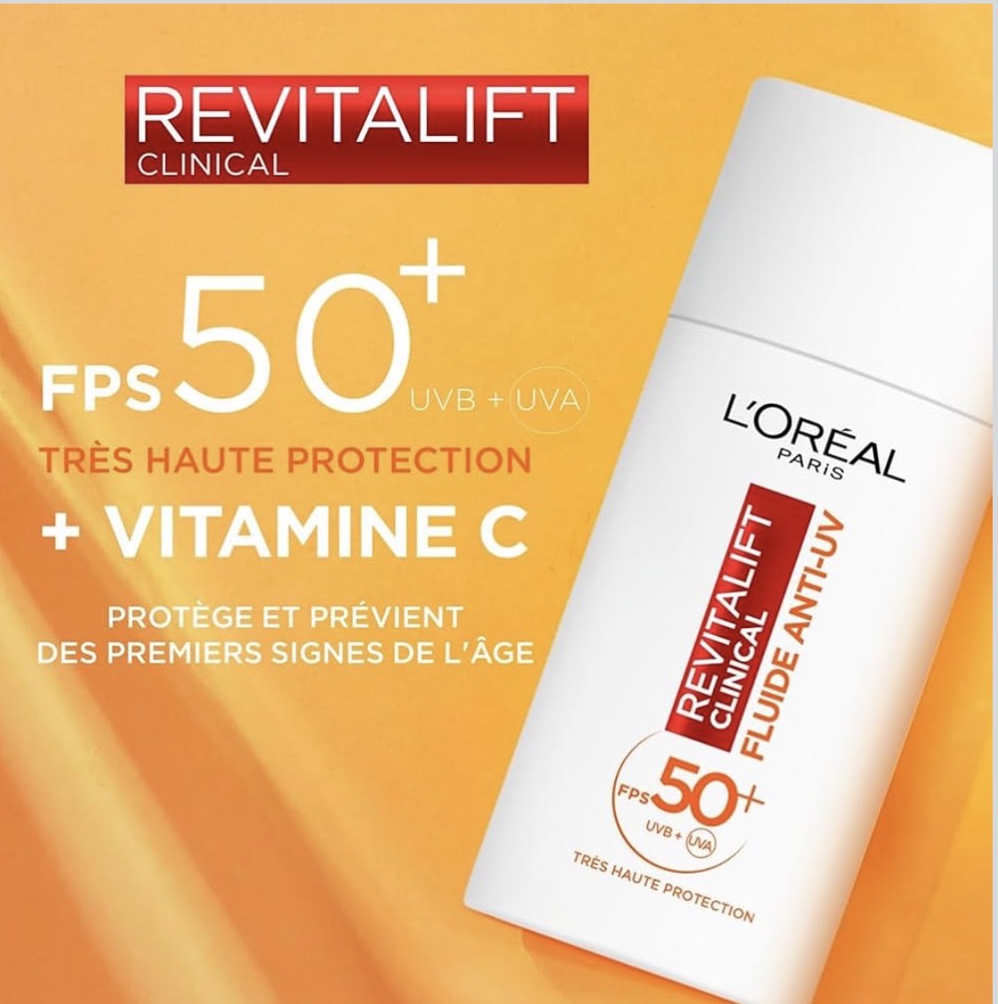 L'Oréal Paris Fluide Anti-Uv Fps 50+ Vitamine C + Vitamine E + Acide Hyaluronique Taches Rides & Teint Irrégulier Fini Invisible