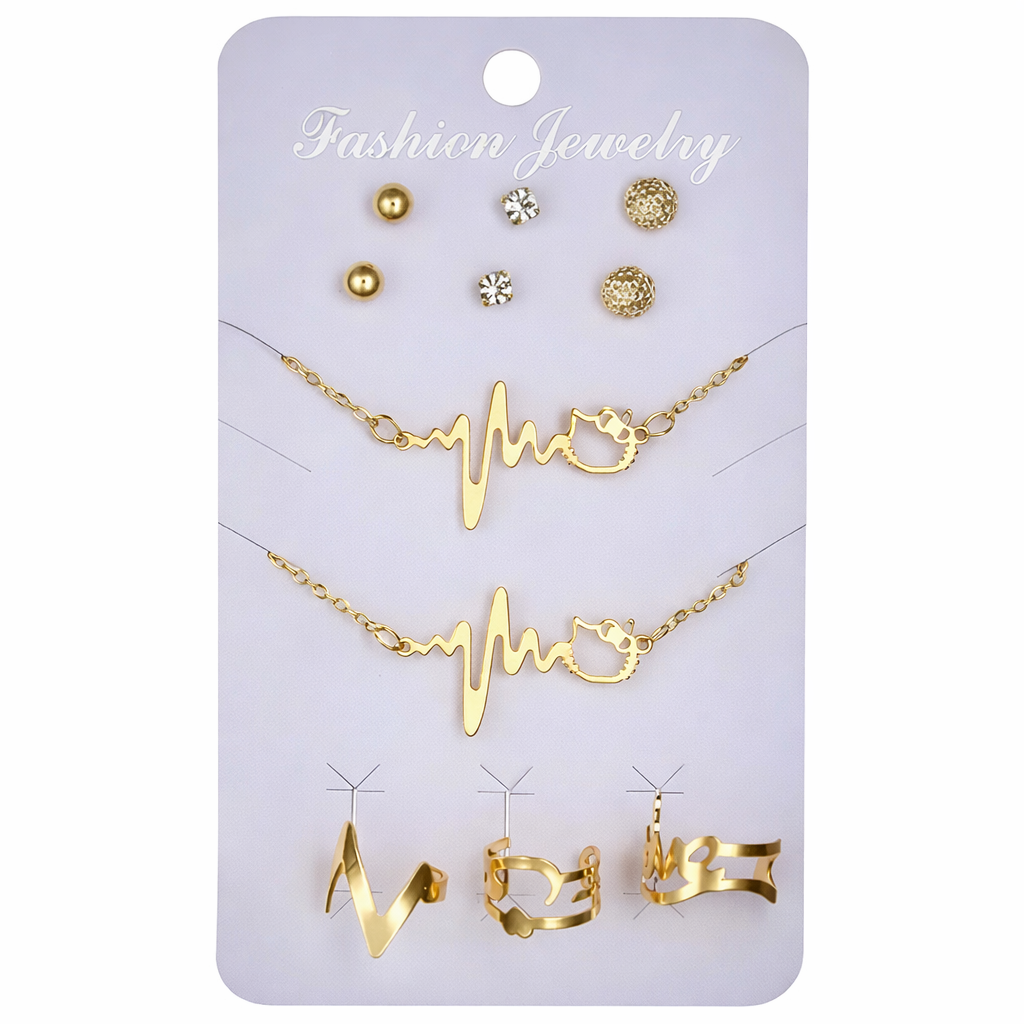 Women Girl Beads Chain Fashion Love Earrings Bracelet Ring Hello Kitty Hollow Gift Charm Gold-Plated Silver Clavicle Jewelry Set Necklace Pendant Heartbeat