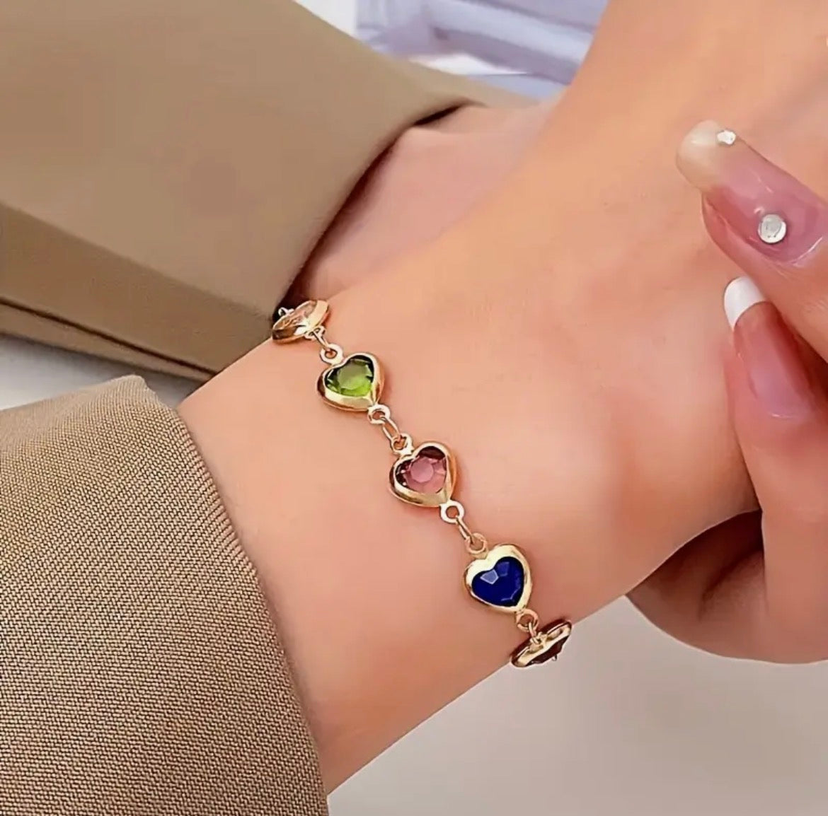 Bracelet Femme Tendance En Perles En Forme De Cœur Colorées Avec Strass