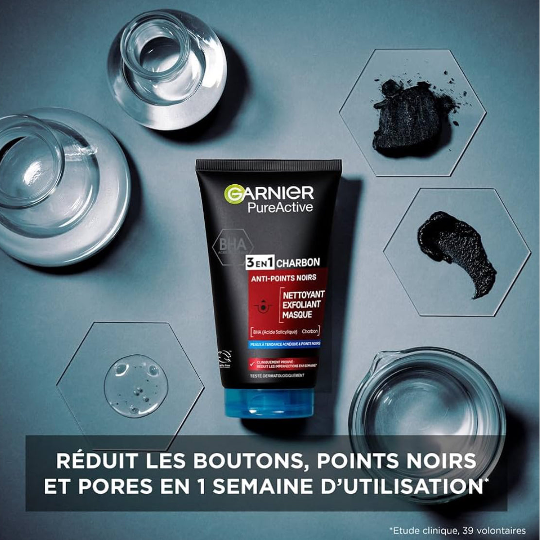 Garnier Pure Active 3En1 Nettoyant Exfoliant Masque Réduit Les Points Noirs - Bha & Charbon