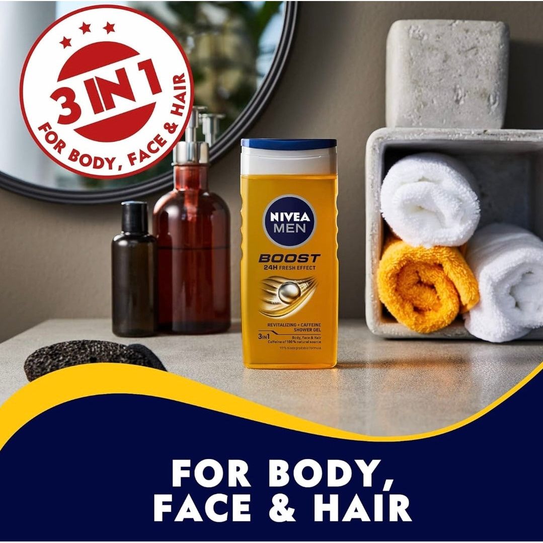 Nivea Men 3In1 Shower Gel Body Wash Boost 24H Energy Caffeine & Biodegradable Formula