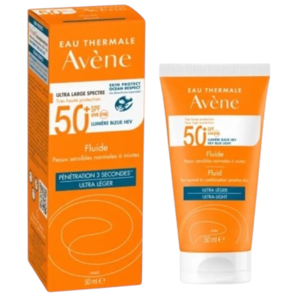 Avène Crème Solaire Fluide Ultra Léger Spf50+ Sans Parfum Visage Peaux Sensibles Normales À Mixtes