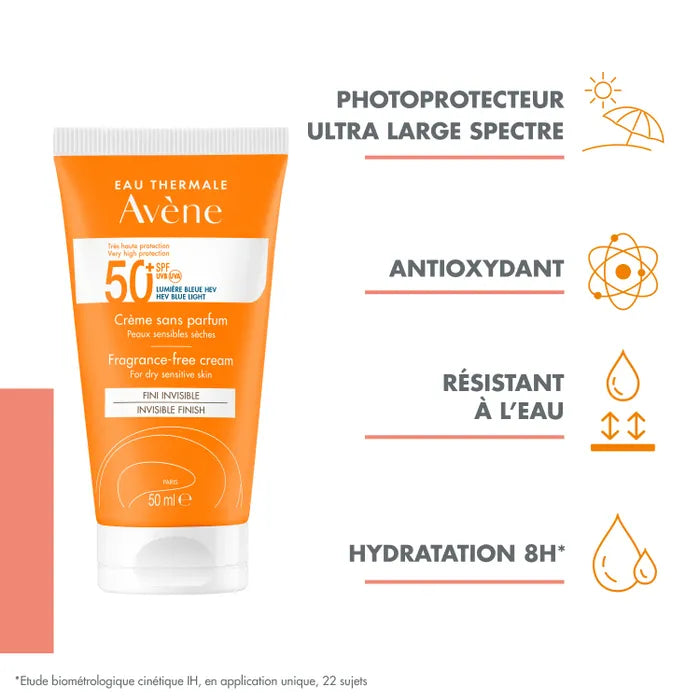 Avène Crème Solaire Fini Invisible Spf50+ Sans Parfum Visage Peaux Sensibles Et Sèches