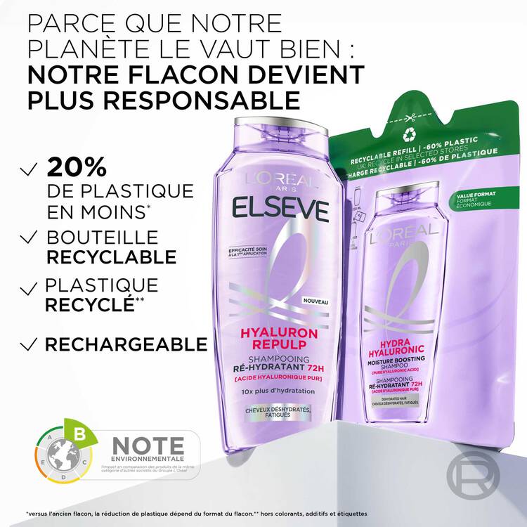 L’Oréal Paris Elseve Shampoing Ré-Hydratant 72H Enrichi En Acide Hyaluronique