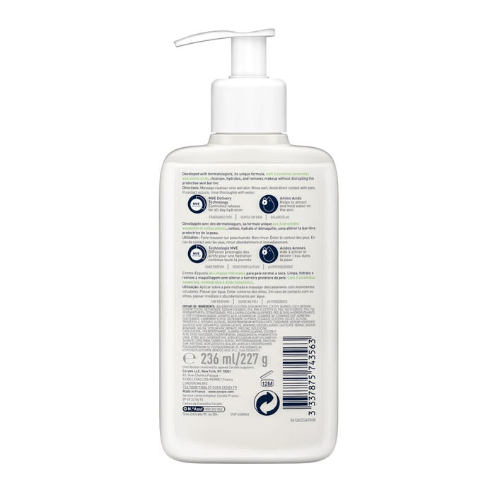 Cerave Crème Moussante Nettoyante Hydratante Visage Pour Les Peaux Normales À Sèches