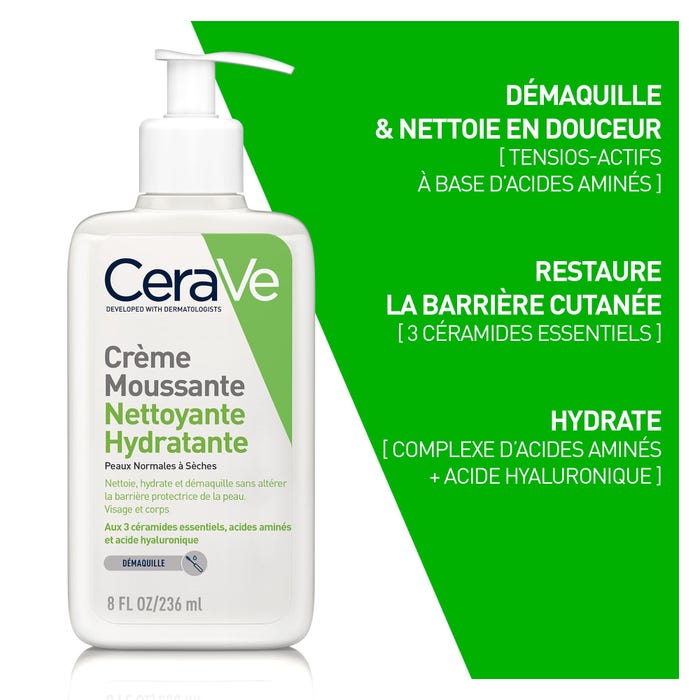 Cerave Crème Moussante Nettoyante Hydratante Visage Pour Les Peaux Normales À Sèches
