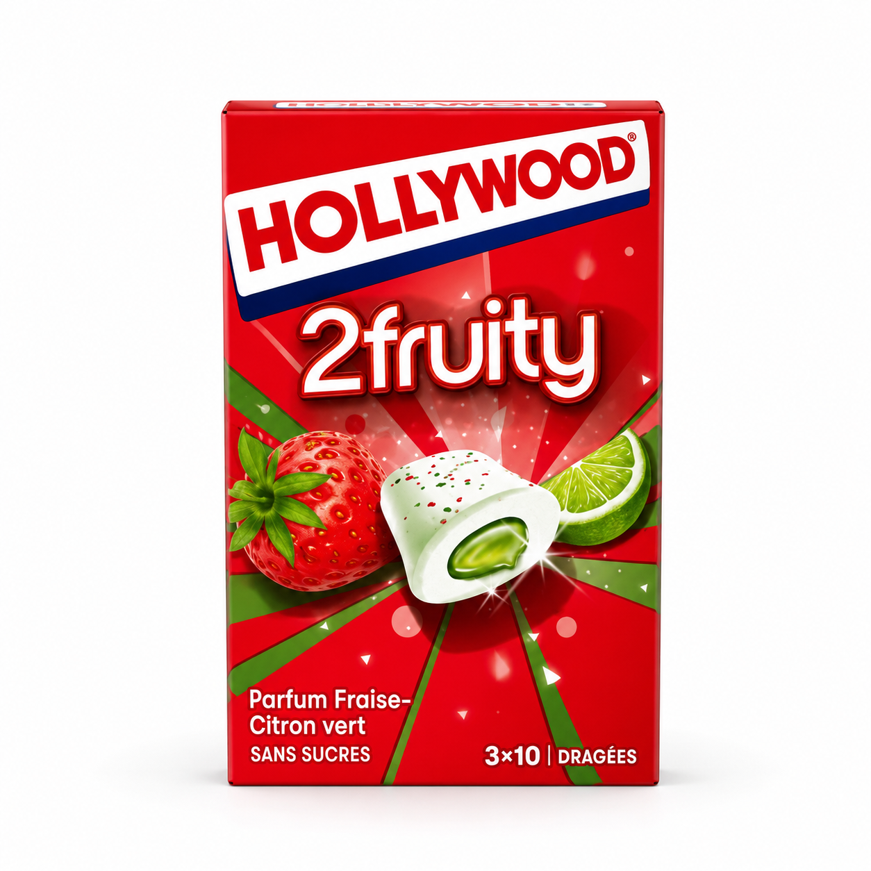 Hollywood 2Fruity فراولة وليمون أخضر – بدون سكر 10 قطع