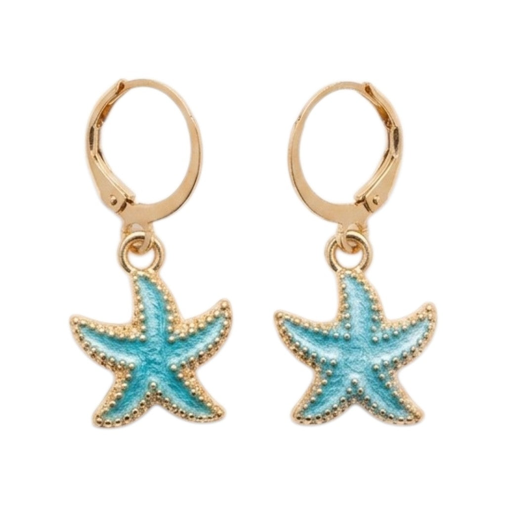 Boucles D’Oreilles Créoles Étoile De Mer Turquoise Dorées