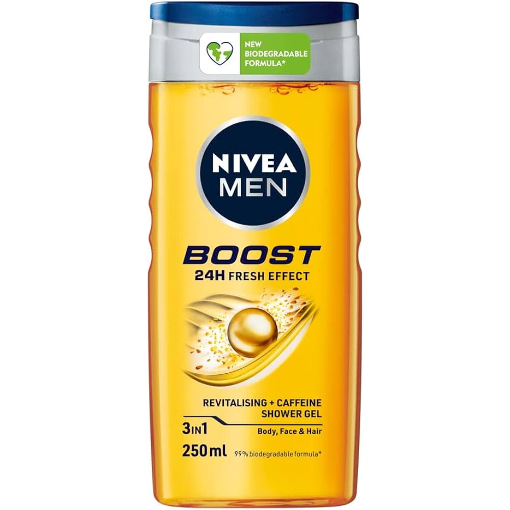 Nivea Men 3In1 Shower Gel Body Wash Boost 24H Energy Caffeine & Biodegradable Formula