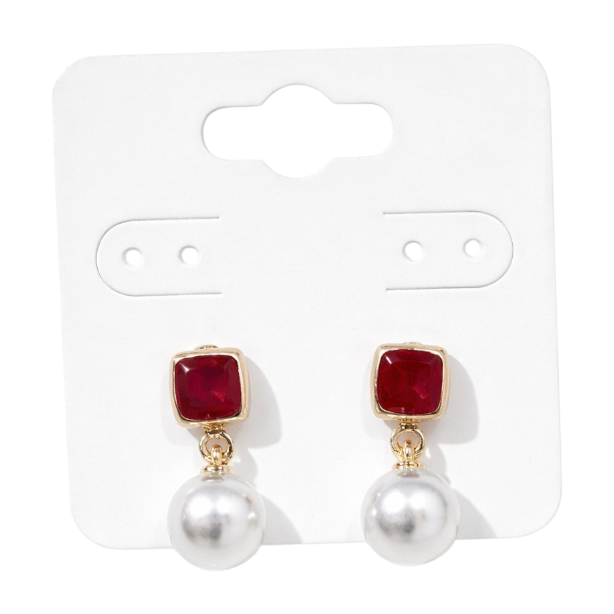 Boucles D'Oreilles Carrées En Verre Rouge Et Pendentif Perle