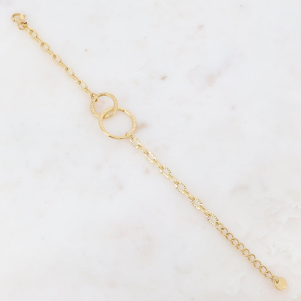 Bracelet Chaîne 2 Cercles Entrelacés Martelés Acier Inoxydable Doré Femme