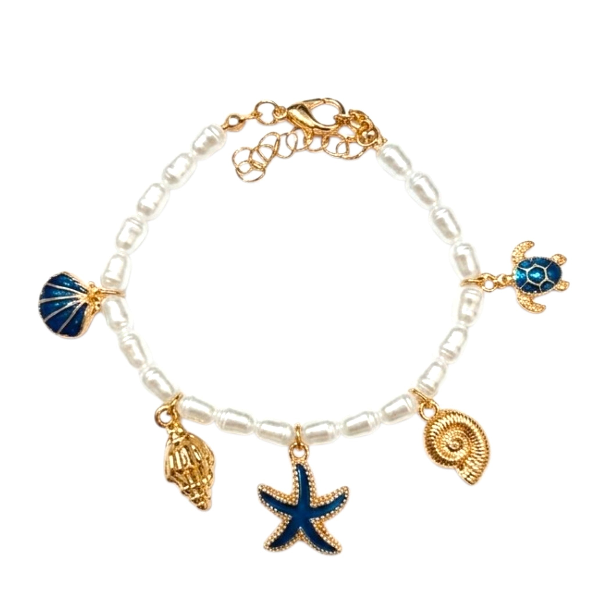 Collier Perles Blanches Doré Avec Breloques Étoile De Mer Et Tortue