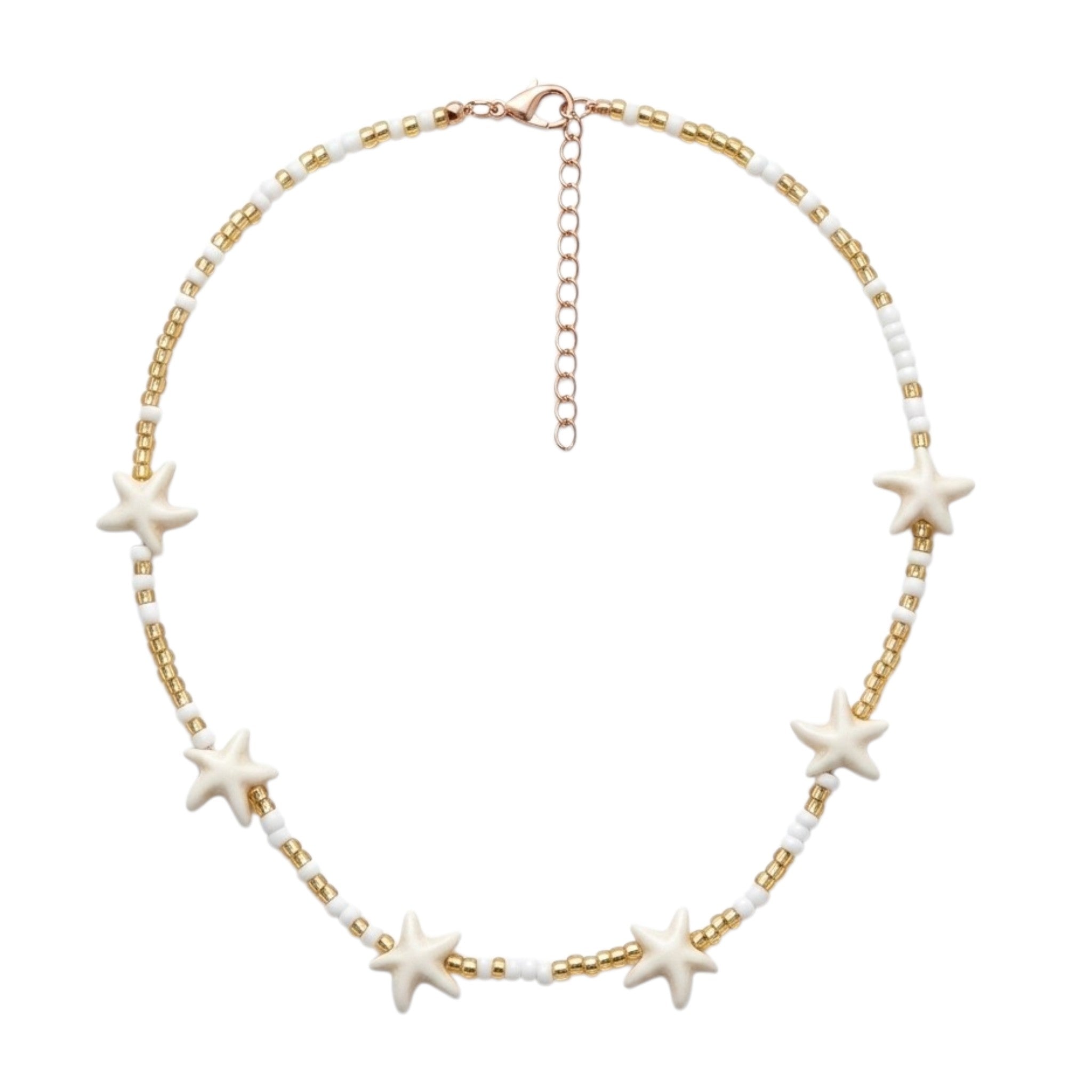 Collier D'Été Élégant – Perles Dorées Et Blanches Avec Étoile De Mer