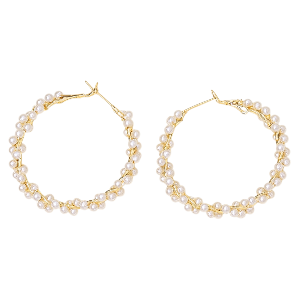 Créoles Dorées Tressées Avec Perles Blanches Boucles Anneaux