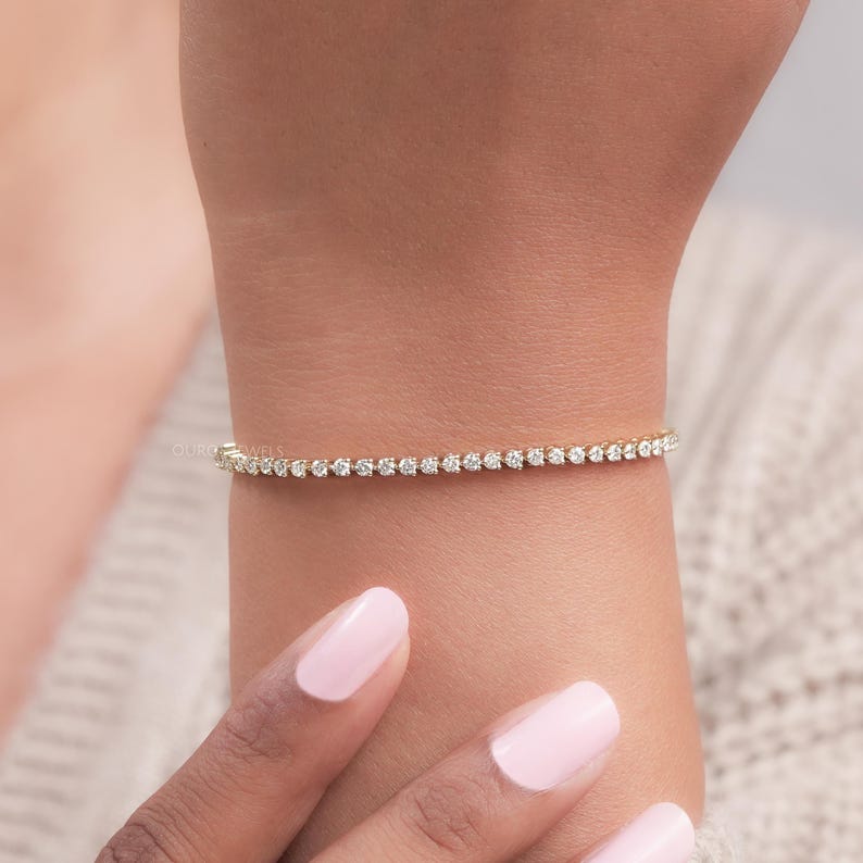 Bracelet Tennis En Diamants Cultivés En Laboratoire Taille Ronde Bracelet De Mariée En Jaune 14 Carats Cadeau Bracelet En Diamants Sans Conflit Pour Elle