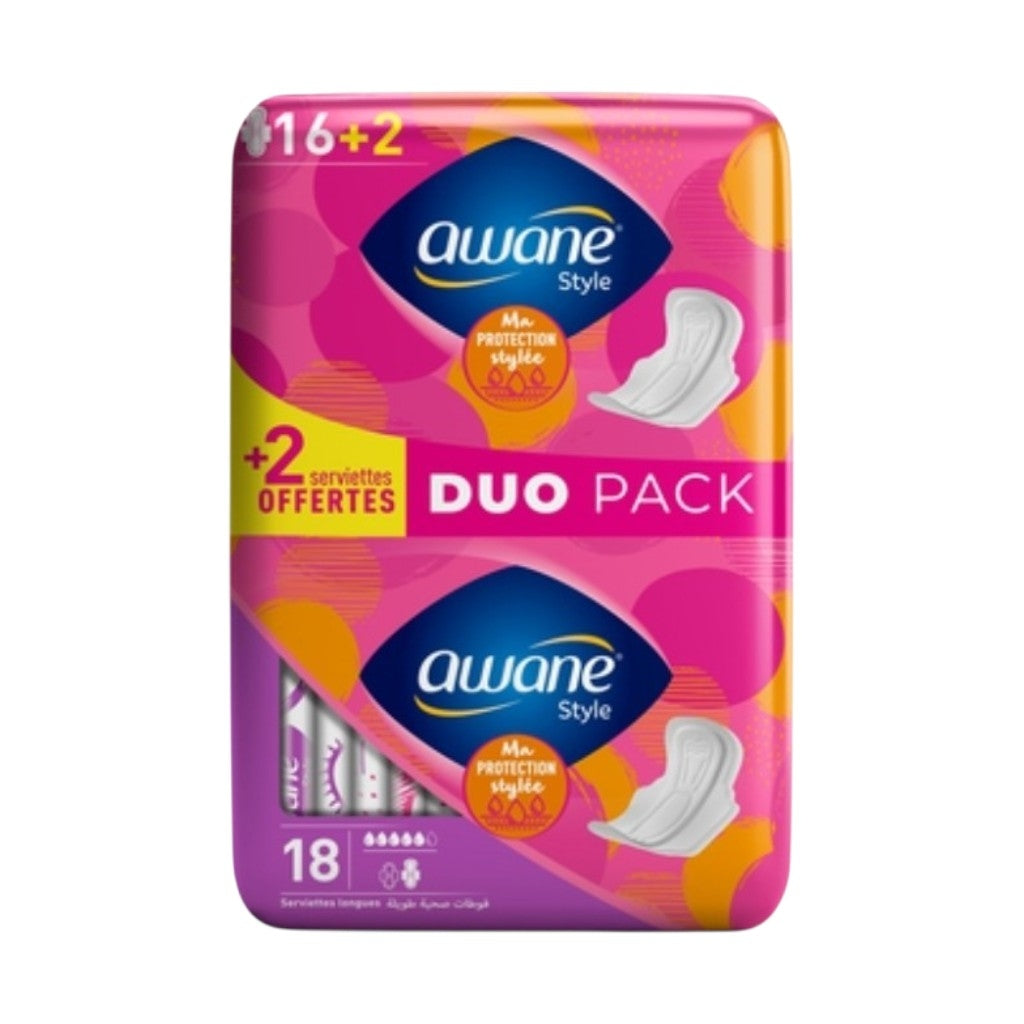 Awane Serviette Hygiénique Style Longue Duo Pack X18 Pcs (16+2 Offertes)