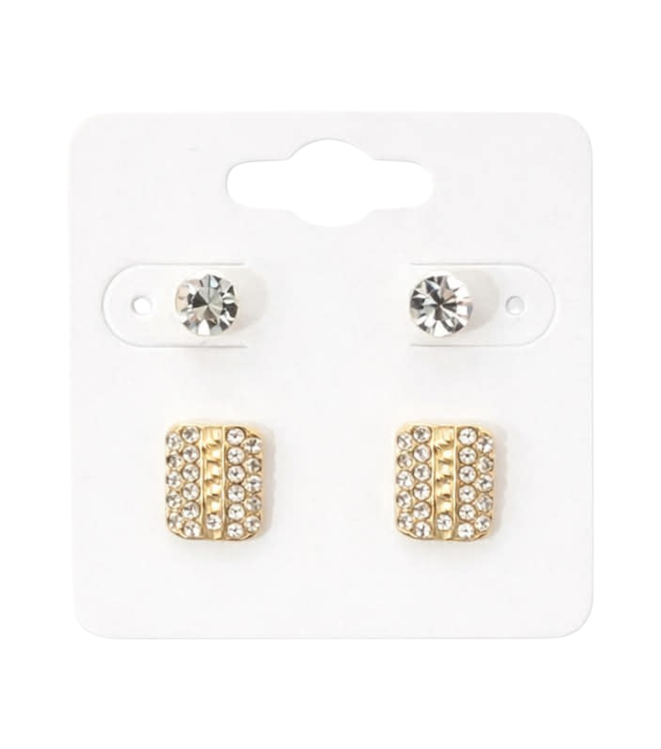 Lot De 2 Paires De Boucles Dorées - Cristaux Ronds Et Carrés Sertis